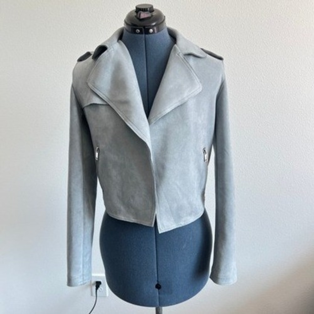 Anthropologie Grey Faux Suede Cropped Moto Jacket XS Modern Biker Quiet Luxury